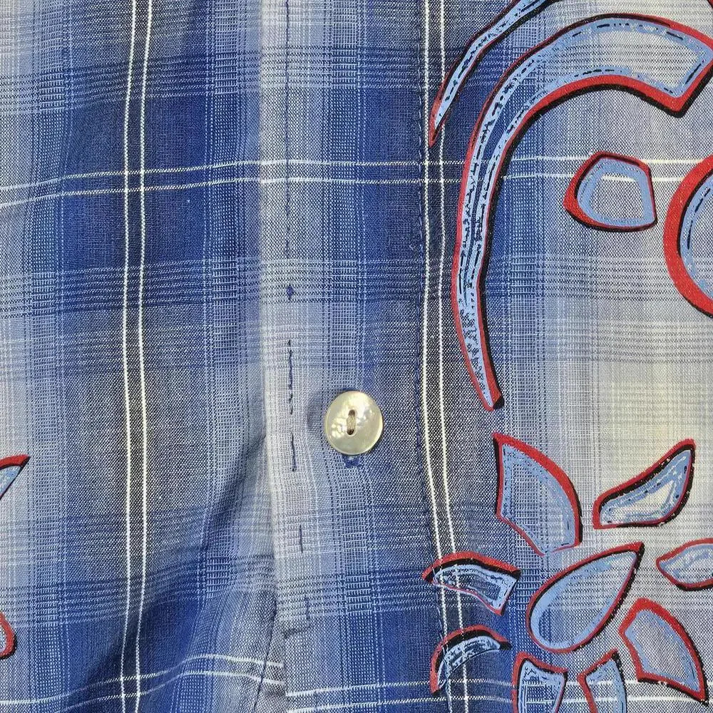 VTG Bugle Boy Hawaiian Shirt L Blue Floral Short Sleeve Y2K 1990s Shell Button - Picture 12 of 13